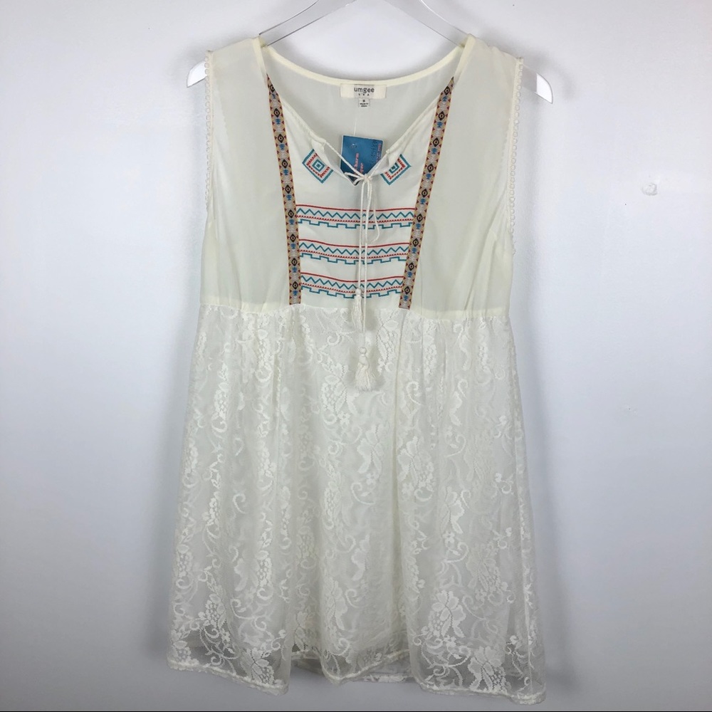 Umgee Boho Western Baby Doll Sheer Mini Dress Embroidered Hippie Festival